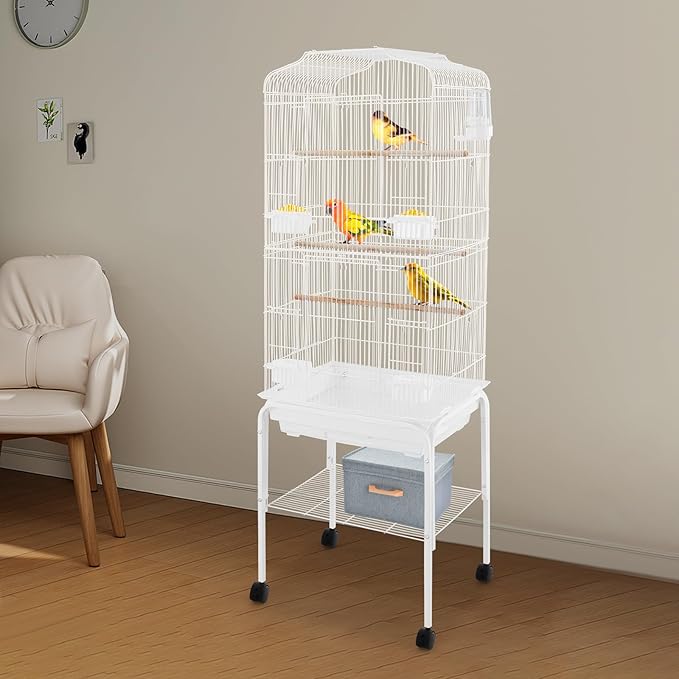 Large Bird Cage with Wheels Parrot Cages for Large Birds Iron Bird Cage with Stand Outdoor Birdcages with Tray, Feeding Bowls & Waterer Big Bird Cages for Parakeets, Lovebird & Pigeon (White)