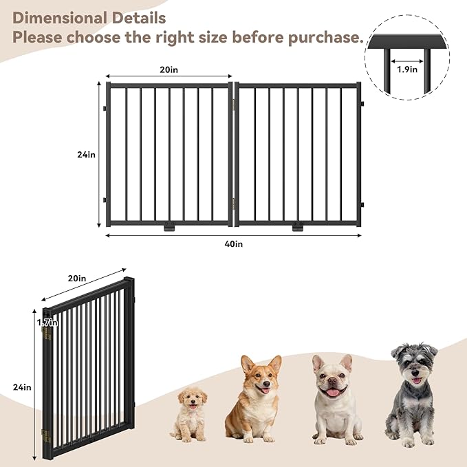 Full Metal Freestanding Dog Gate with Door, 24'' Height Foldable Pet Dog Fence for Indoor & Outdoor, 2 Panels Extra Wide Free Standing SmallDog Gates for Doorways,House,Stairs,Porch,Deck,Yard