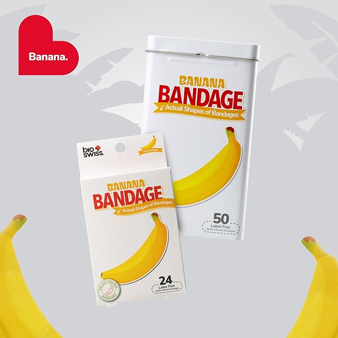 BioSwiss Bandages, Banana Shaped Self Adhesive Bandage, Latex Free Sterile Wound Care, Fun First Aid Kit Supplies for Kids, 50 Count