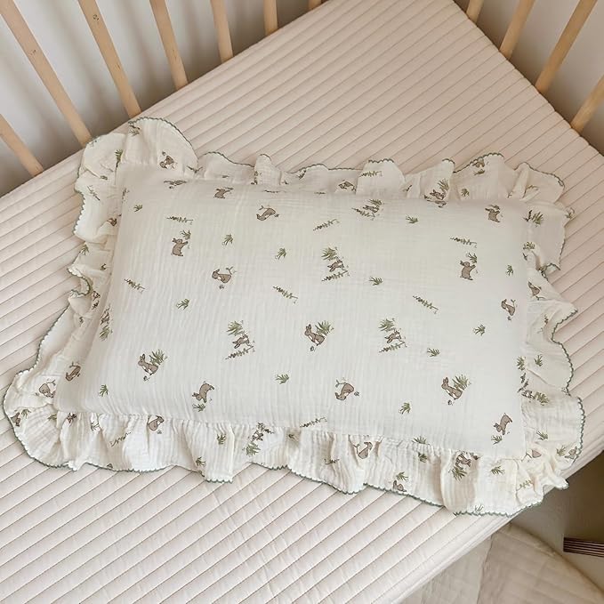 BuLuTu Muslin Toddler Pillowcase for Toddler Bed, Soft Breathable Standard Size Pillow Cover 20"x26", Animal Gray Bunny Toddler Pillow Case for Girls Boys Kids 1 2 3 4 5 6 Year Old, Envelope Closure