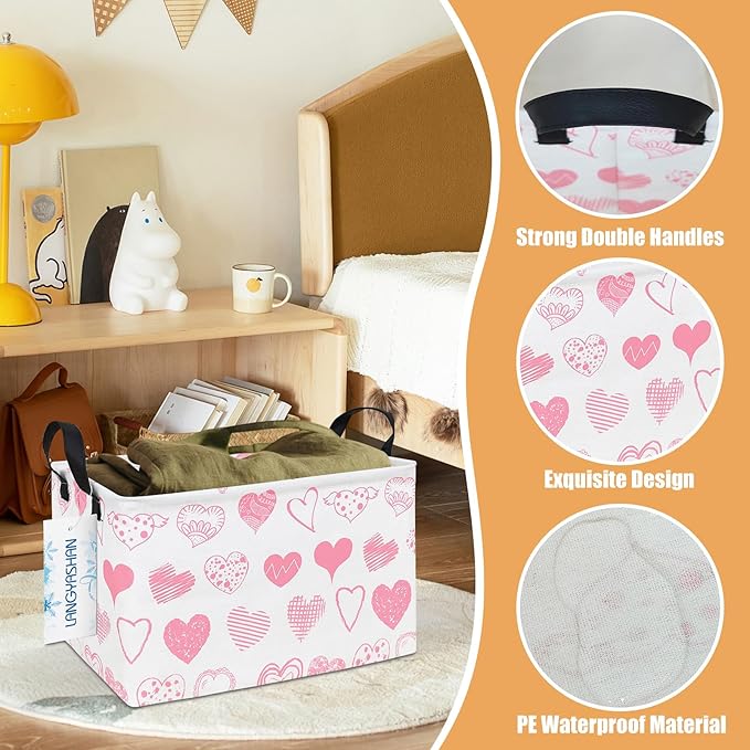 LANGYASHAN Rectangular Storage Bin Collapse Canvas Fabric Cartoon Storage Basket with Handles for Organizing Home Kitchen Boys and Girls Toys Office Closet Shelf Baskets (Rec Angel Heart)
