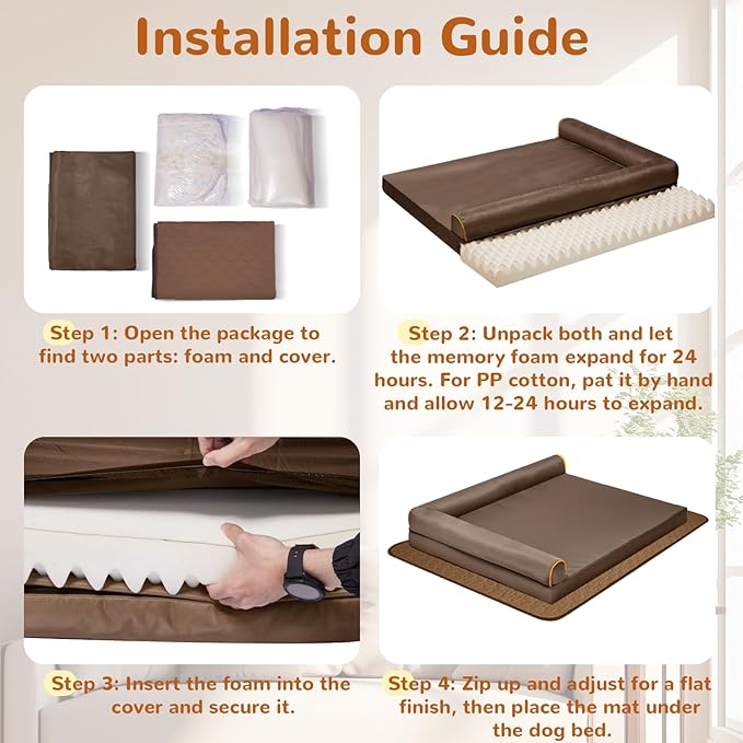 Large Dog Bed Waterproof Indestructible Pet Bed, Memory Foam Orthopedic Dog Couch with Anti-Slip Mat Washable (Brown)