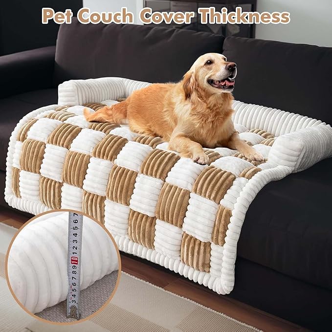 Dog Couch Cover Protector, Pet Couch Covers for Sofa, Dog Couch Cover Fuzzy Sofa Cover Cream Square Plaid Dog Bed Plush Dog Mat for Furniture Protector for Large Medium Dogs and Cats
