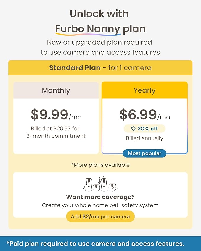 Furbo 360° Dog Camera + Power Adapter [Subscription Required] Unlock w/Paid Plan: Dog Safety Alerts, Rotating Pet Treat Toss w/ 2-Way Speaker, Smart Cam w/Phone App (Low Risk, 3mo Min. Cancel Anytime)