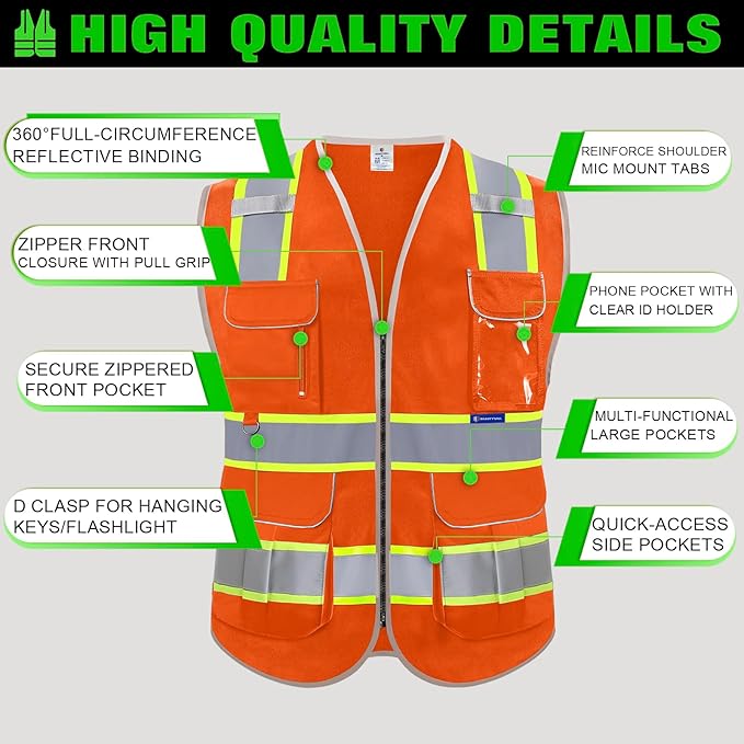 BeautyWill Custom Logo Safety Vest 8 Pockets Class2 ANSI Certified High Visibility Reflective Vest for Men - Personalized Logo Heavy-Duty Work Vest（Orange，XL）
