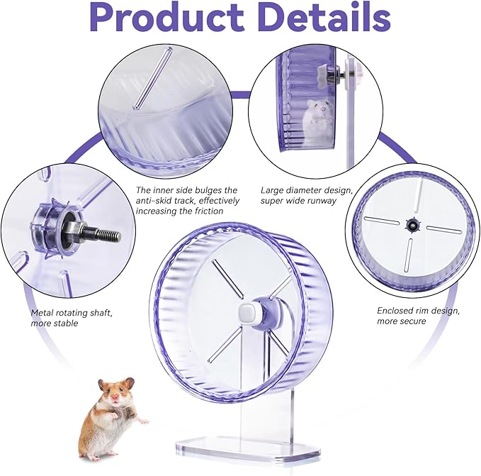 9In Hamster Wheel, Adjustable Chinchilla Wheel, Silent Spinner for Dwarf Syrian Gerbils Mice and Other Small Size Pets (9 Inch, Purple)