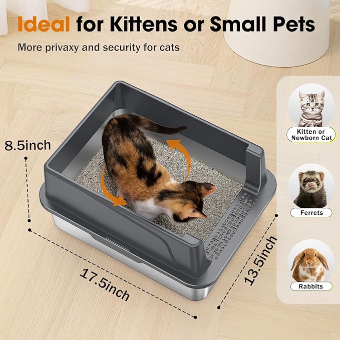 2PACK Stainless Steel Cat Litter Box with Lid, High-Sided Metal Litter Pan for Small Cats, Kitty Litter Box, Non-Stick & Odor-Resistant, Anti-Urine Leakage, Easy to Clean, Scoop Included