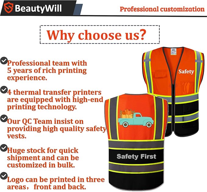 BeautyWill Custom Safety Vest Customized Logo Mesh Vest Class2 High Visibility Reflective Vest with Pockets Orange Workwear（Orange Black，XL ）