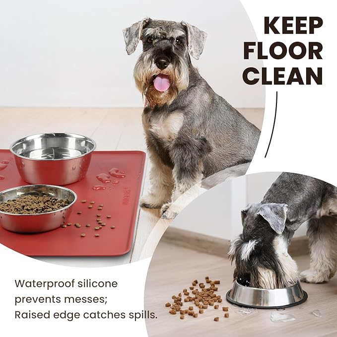 VIVAGLORY Dog Food Mat Flexmat Dog Bowl Mat, Placemat Food Tray with Raised Edges & Lip for Indoor Floor, Non Slip Waterproof Silicone Dish Placemat for Cat & Pet, L, Burgundy