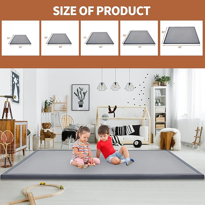 Baby Play Mat for Floor - 1.4" Thick Memory Foam Rug, 60"x60" Playpen Tummy Time Mat, Soft Velvet Nursery Rug, Large Padded Crawling Mat, Cushioned Pads for Playroom Toddlers, Infants, Yoga, Tatami