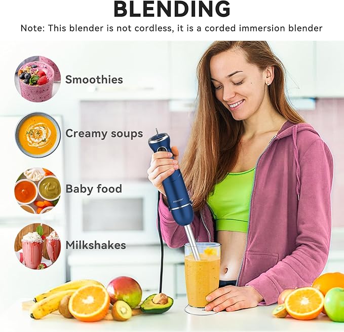 Immersion Blender Handheld 5 in 1 Hand Blender, 1000W Hand Mixer Stick, BPA-Free 12 Speed Handheld Blender 304 Stainless, Beaker, Chopper, Whisk and Milk Frother, Soup, Smoothies, Baby Food, Sauce