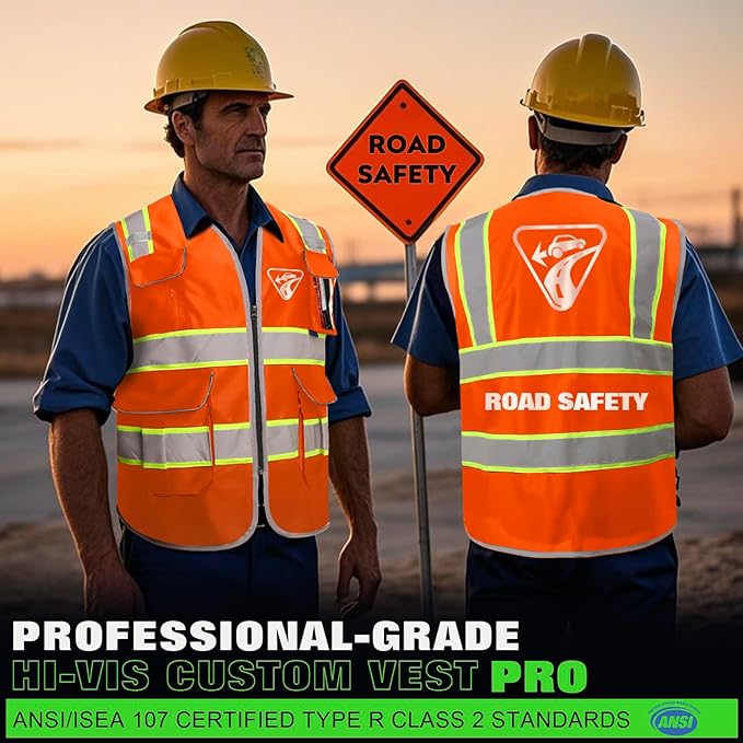 BeautyWill 5Pack Custom Logo Safety Vest 8 Pockets Class2 ANSI Certified High Visibility Reflective Vest for Men - Personalized Logo Heavy-Duty Work Vest（Orange，L）