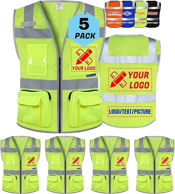 BeautyWill Custom Logo 5 Pack Safety Vest Mesh High Visibility Reflective Vest Customized Logo Utility Zipped Pockets Construction Workwear （Yellow,4XL）