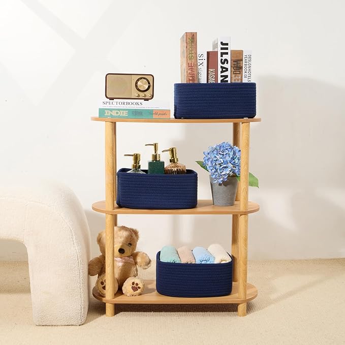 Small Storage Baskets for Organizing | Closet Organizer Bins | Shelf Toy Basket | Woven Rope Baskets | Cube Decorative Box | Shallow Basket | 11.5x7.5x4.7” | 3 Packs Navy Blue