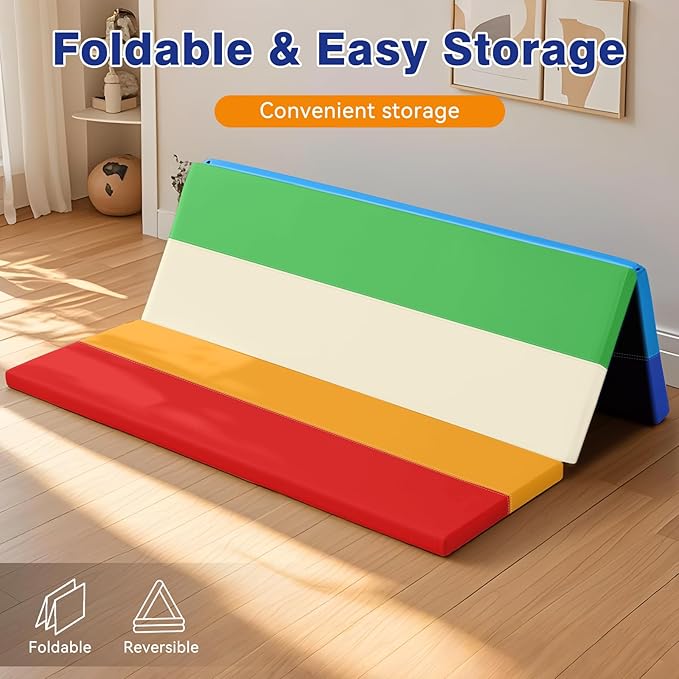 Foam Baby Play Mat: PU Leather Waterproof Kids Playmat - Trifold Floor Mat - Large Play Mat for Playpen Thick Pad Fodable Mattress Soft Toddler Mattress Infant Cushion for Preschool (Rainbow)
