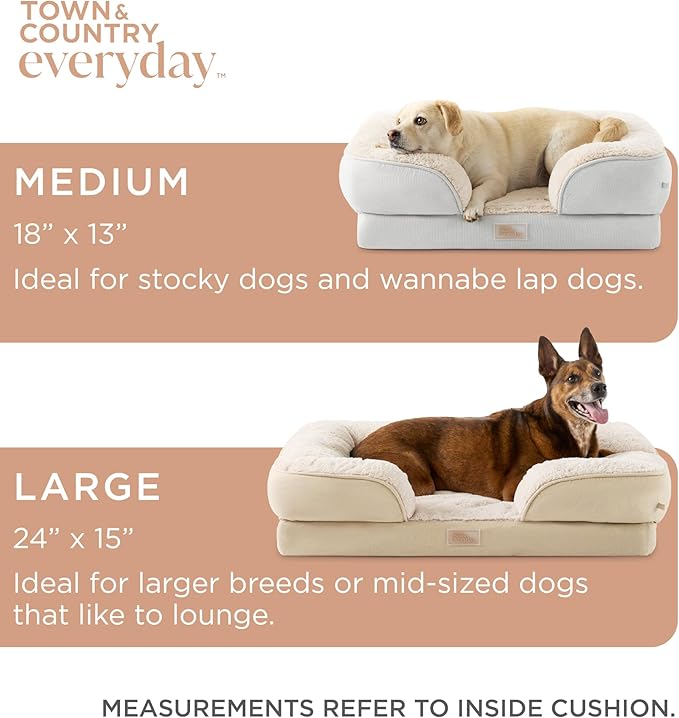 TOWN & COUNTRY EVERYDAY CuddleTown Comfy Solid Bolster Sofa Pet Bed, Supportive & Calming Egg Crate Foam, Non-Slip Bottom, Machine Washable Cover, Cream, Large 35"x25"x8"