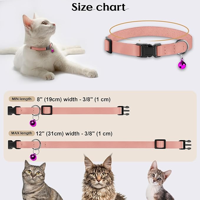 Breakaway Cat Collar with Bell - Leather Adjustable Kitten Collars with Safety Quick Release Buckle - Soft Small Pet Collars for Girl & Boy Cats (Rose)