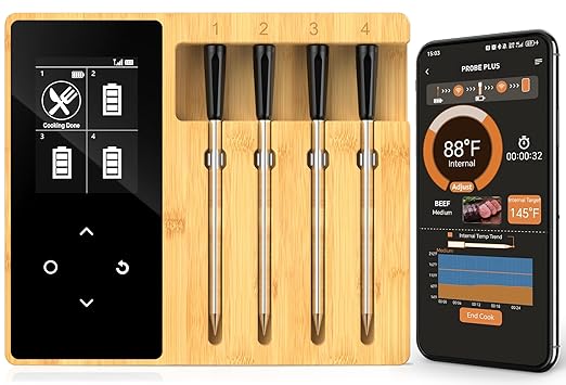 Accurate Smart Wireless Meat Thermometer - 4 Probes, Long Range Bluetooth, Real-time Alerts, Dishwasher Clean, Waterproof, Digital Cooking Thermometer for Grill, BBQ, Oven, Smoker