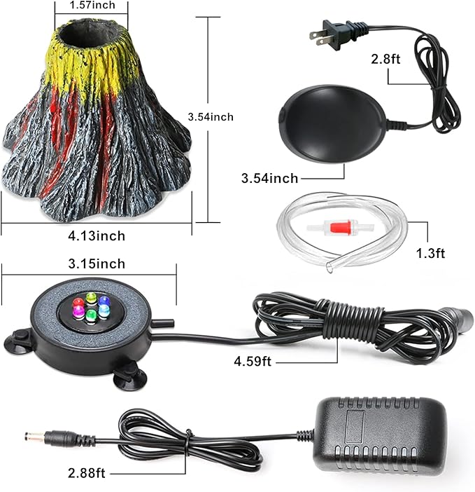 Aquarium Volcano Decoration Set Fish Tank Bubble Decorations, Air Stone with Air Pump, Aquarium Ambient Light with 6 LEDs, Bubble Stone Bubbler Volcano Shape Set