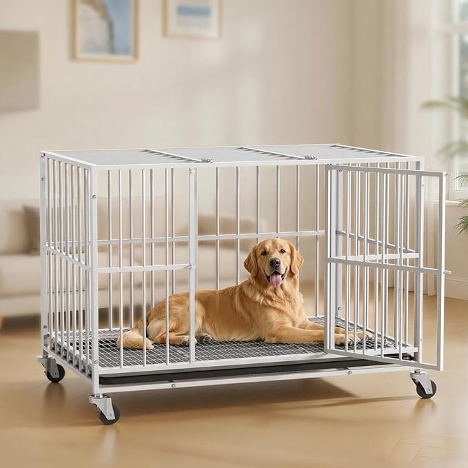 White 48 in Heavy Duty Dog Crate Steel Escape Proof, Indoor Double Door High Anxiety Cage, Removable Tray, Kennel with Wheels,XL XXL