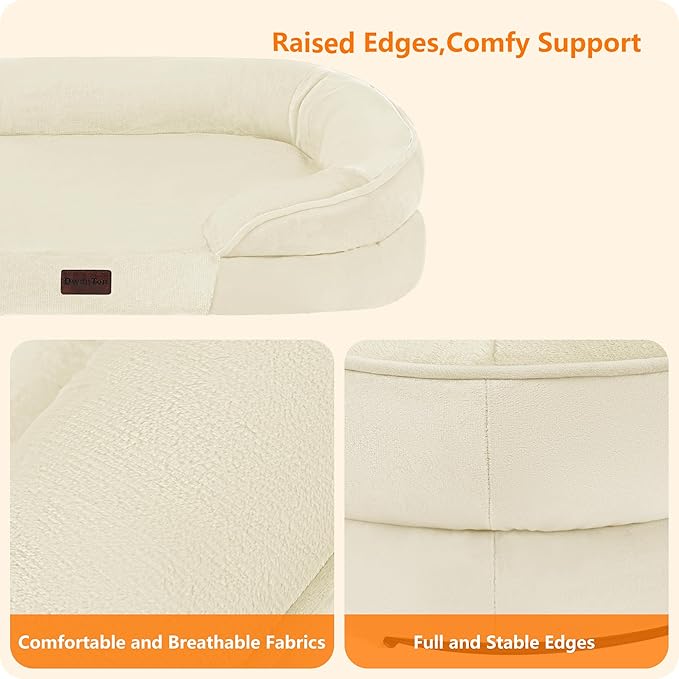 Dwanton Orthopedic Dog Bed for Large Dogs with Gel Memory Foam, Waterproof Dog Sofa, Washable Pet Bed with Four Sided Bolster Cushion, Removable Cover & Non-Slip Bottom, 42", Beige