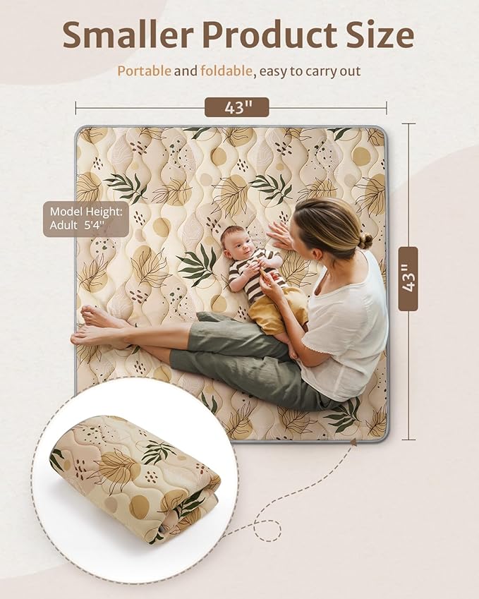 Blissful Diary Portable Baby Play Mats for Floor, Thick Cushioned Foldable Baby Crawling Mat for Indoor Outdoor, Non-Slip & Washable Kids Playmat for Tummy Time Activity, Earth Tones 43" X 43"