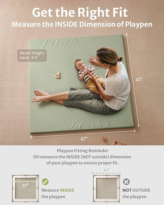 Blissful Diary Vegan Leather Baby Play Mat, 47x47 Thicken Foam Cushioned & Waterproof Playpen Mat for Infants and Toddlers, Stylish and Just Wipe-Clean Playmat for Baby Play on Floor, Light Green