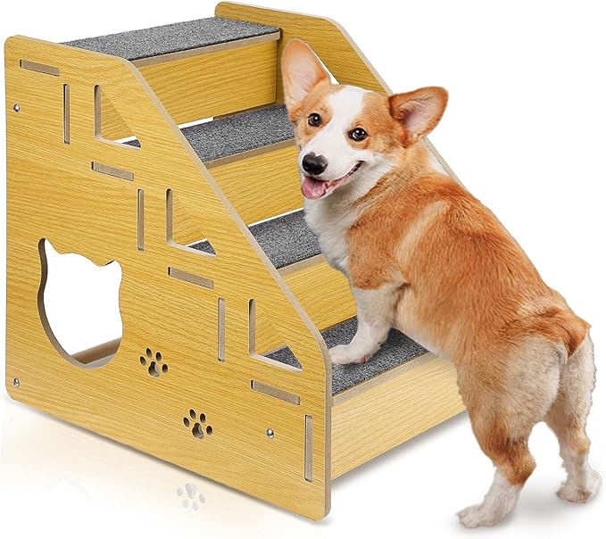 Dog Stairs for Small Dogs, 4-Step Dog Steps for Beds or Couches, Wood Pet Stairs for Small Pets, 15" H Cat Stairs for Doggie,Old Cats, Small Animals