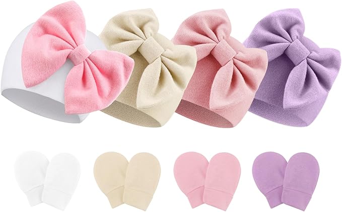 BQUBO Newborn Baby Hats Mittens Set Hospital Hat Beanie Infant Bow Hats Baby Gloves No Scratch Mittens for 0-6 Months