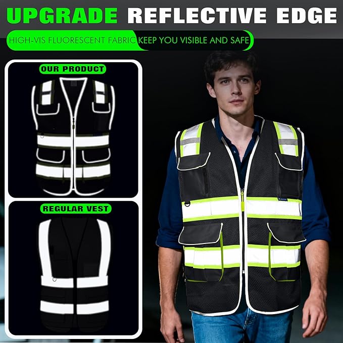 BeautyWill 5 Pack Safety Vest Class2 ANSI Certified Custom Logo High Visibility Reflective Vest for Men -10 Pockets Personalized Logo Heavy-Duty Work Vest（Mesh Black，4XL）