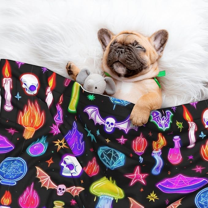 Dog and Cat Blanket in One, Halloween Goth Skull Bat Mushroom Witchy Witch, Double Sided Plush Throw with Raised Dot Pattern on One Side and Flat Velvet on Other for Variety