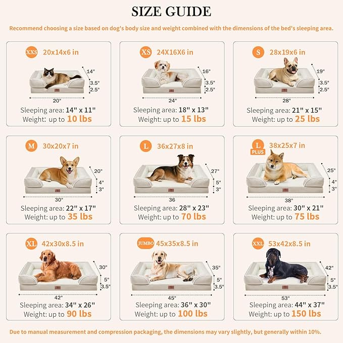 Comfort Expression Orthopedic Dog Bed for Large Dogs 35x22 Inch, Waterproof Supportive Egg Crate Foam Large Pet Bed with Removable Bolsters, Dog Couch with Washable Cover & Non-Slip Bottom, Beige