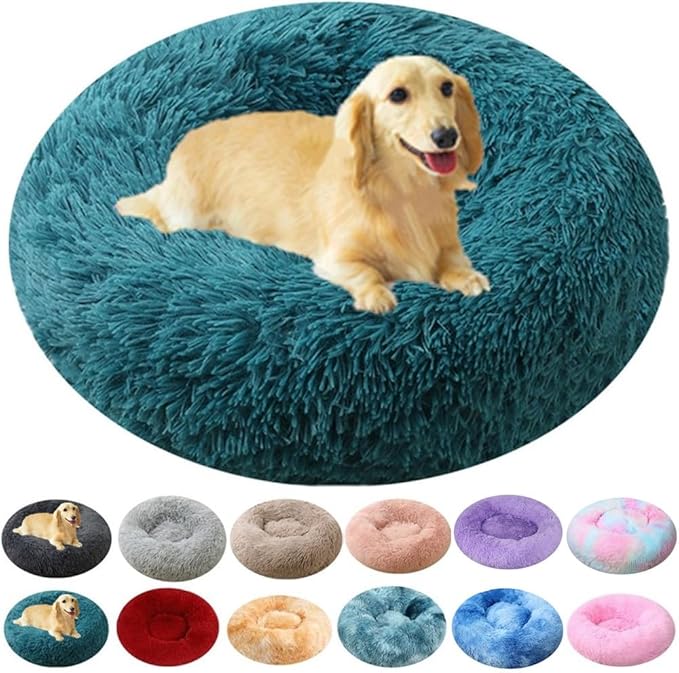 Large Calming Dog Bed, 40 Inch Anti-Anxiety Donut Dog Cuddler Cat Bed, Warming Cozy Soft Dogs Round Bed, Fluffy Faux Fur Machine Washable Pet Cushion for Medium Large Dogs & Cats (Dark Blue)