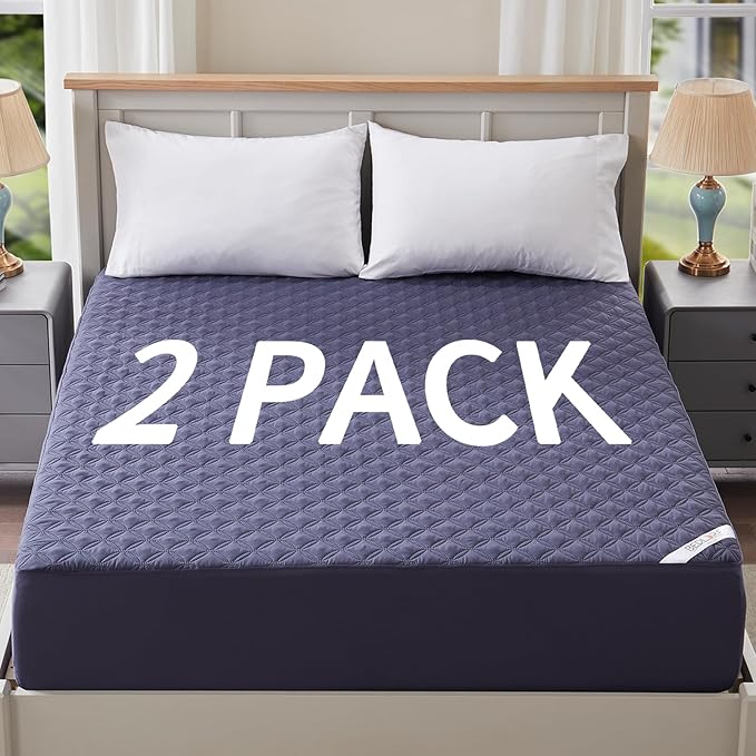 2 Pack Waterproof Mattress Protector, Queen Size Mattress Pad Noiseless with Deep Pocket Fitted for 6"-18", Soft Breathable Dirt-Proof Bed Mattress Cover Washable for Home, Bedroom, Hotel (Navy Blue)