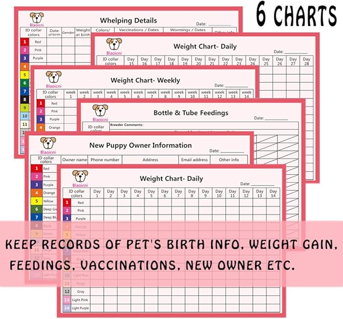 Puppy Collars for Litter,Puppy Collars for Small Puppies Soft Nylon Safety Whelping Litter Collar for Newborn Pets with Record Keeping Charts 12pcs(M)