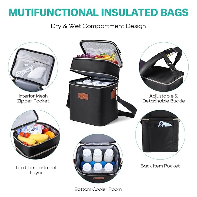 PIIOSER Breastmilk Cooler Bag with Ice Pack Fits 6 Baby Bottles Up to 9 Ounce, Insulated Baby Bottle Tote Bags, Double Layer Waterproof Leak-Proof with Shoulder Strap for Nursing &Working Mom