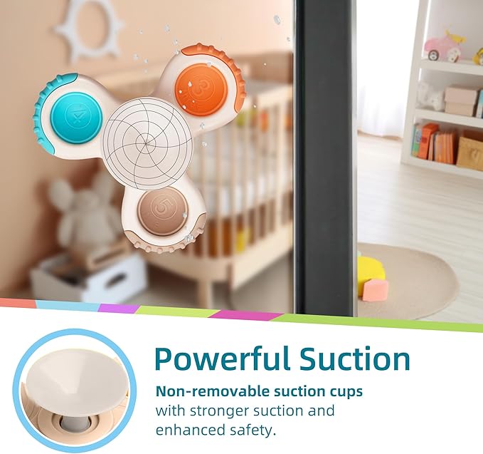 LiKee Strong Suction Cup Fidget Rotating Sensory Bath Toys for Baby 12 18 Months Airplane Car Travel Table & Window Toys for 1 2 Years Old Toddler Boys and Girls (Space-2)