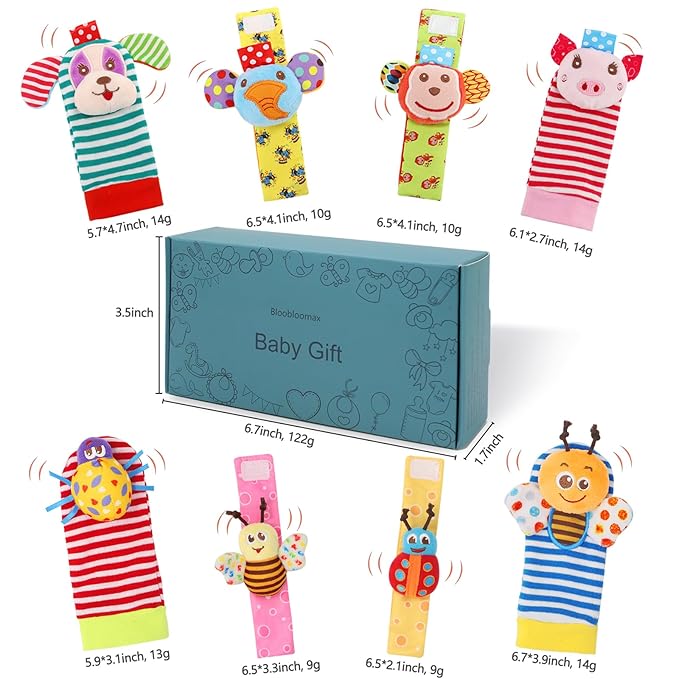 Wrist Rattles Foot Finder Rattle Sock Baby Toy, Rattle Toy, Arm Hand Bracelet Rattle, Feet Leg Ankle Socks, Activity Rattle Present Gift for Newborn Infant Babies Boy Girl Bebe (8 pcs-A)