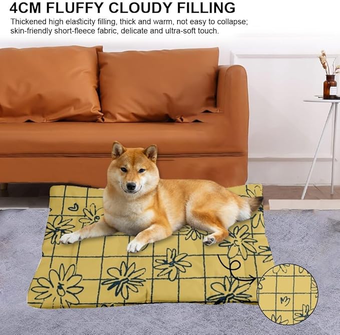 Grid Floral Yellow Vintage Dog Beds& Furniture Bed Mat Medium Dog Crate Pad Beds for Small Dogs Crate Washable Non-Slip Bed for Washable Small Medium Comfort Mat Pet Sized Indoor Outdoor 24X18 Inch