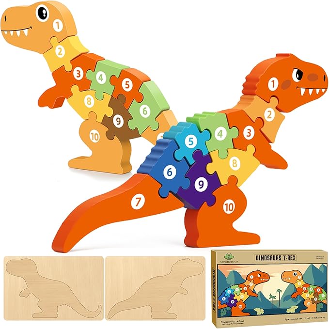 Wooden Dinosaur Puzzles Set for Kids/Toddlers Ages 1-8, T-Rex & Allosaurus with Colorful Box, Educational Dino Toys Little Boys/Girls 2 3 4 5 6 Year Old, Numbers/Chunky, Large 11"x7" Size