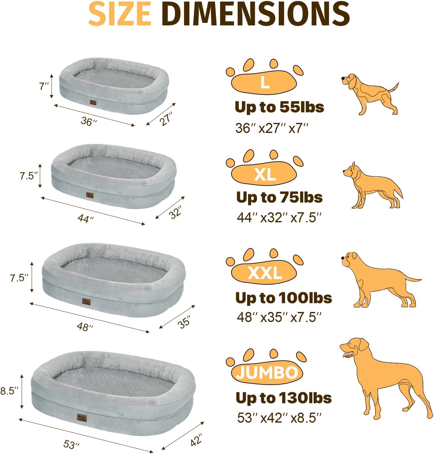 Orthopedic Waterproof Large Dog Bed: Memory Foam Washable Dog Bed with Bolsters - XXL Orthopedic Removable Cover for Medium Large Sized Pet - Non-Slip Bottom - Silver