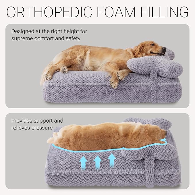 Soft Touch Faux Fur Dog Bed for Extra Large Dogs 8.5" Extra Thick, Orthopedic Pet Bed with Waterproof Liner and Washable Cover, with Removable Cute Pillow, Grey Color