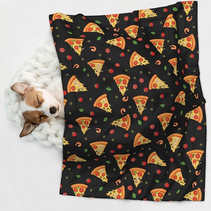 Pet Blanket for Travel and Home, Cartoon Pizza Slices, Reversible Plush Dot Design with Soft Grip Texture on One Side Perfect for Car Seats Moving Vehicles