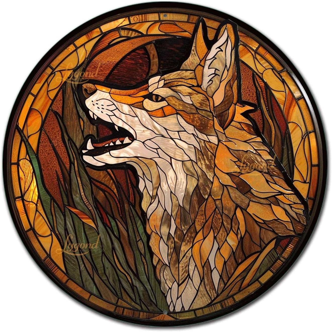Lygond Metal Sign Tin Sign Circular Stained Glass Coyote Gardening Poster for Home Decor 8×8 Inches