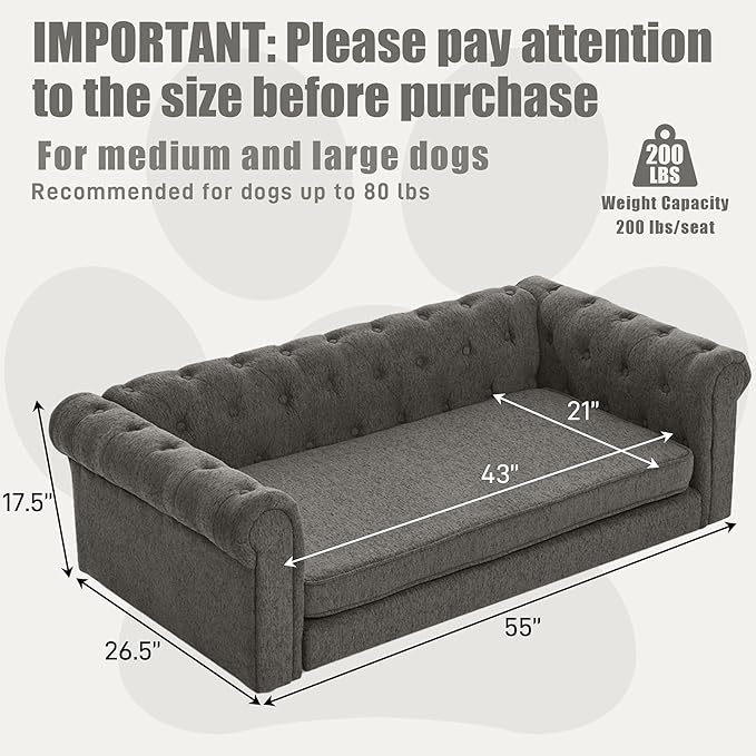 Dog Sofa Couch for Medium to Large Dogs, Memory Foam Dog Sofa Couch with Washable Fabric, Durable Elevated Pet Bed with Legs, Removable Cushion for Medium and Large Dogs, Dark Grey