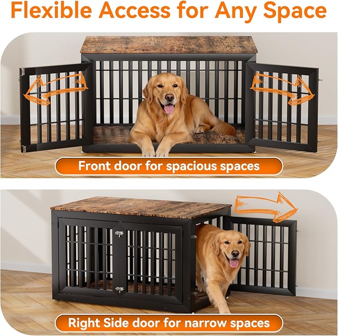 48" Heavy Duty Dog Crate Furniture for Small,Medium and Large Dogs,Rustic Wooden Dog Cage Kennel Indoor Furniture with Waterproof Top,Decorative Pet House Side End Table (Black & Wood)