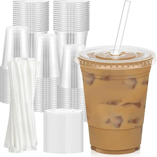 100 Pack - 16 oz Clear Plastic Cups with Lids and Straws, Sturdy & Food Safe Iced Coffee Cups with lids, Disposable Plastic Smoothie Cups for Cold Drinks