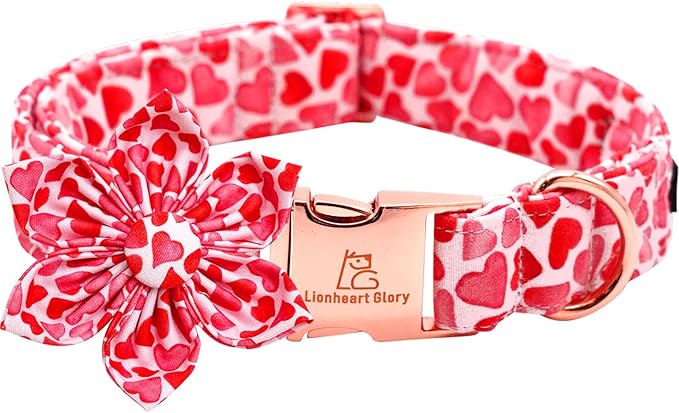 Lionheart glory Valentine's Day Dog Collar with Flower Dog Collars Red Hearts Dogs Collar with Bowtie for Large Dogs Spring Puppy Pet Collars Bows