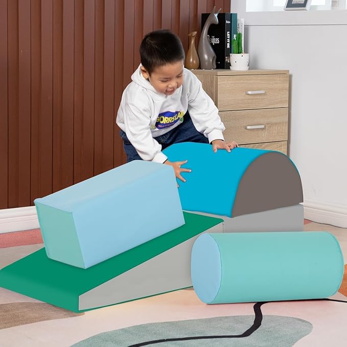 PayLessHere Climbing Toys for Toddlers 5 Piece Corner Foam Climbing Blocks Set with Soft Foam and Strong Structure for Babies 1-3 Crawling and Sliding Activity Play Indoor(Blue, 5 Piece)