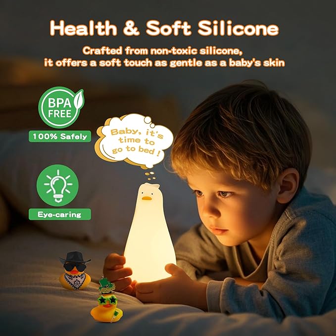 Lying Flat Duck Silicone Night Light, Cute Ducky Lamp with Gifts,Squishy Animal Nursery Nightlight, Dimmable/Rechargeable Portable Bedside Touch Lamp for Breastfeeding,Baby Adults Kids Room Decor